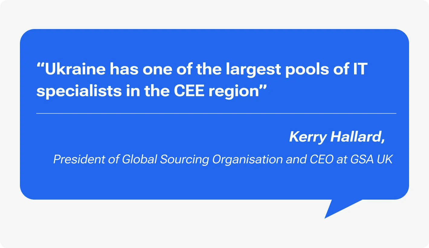 Quote by Kerry Hallard, President of the Global Sourcing Organisation and CEO at GSA UK: “Ukraine has one of the largest pools of IT specialists in the CEE region.”