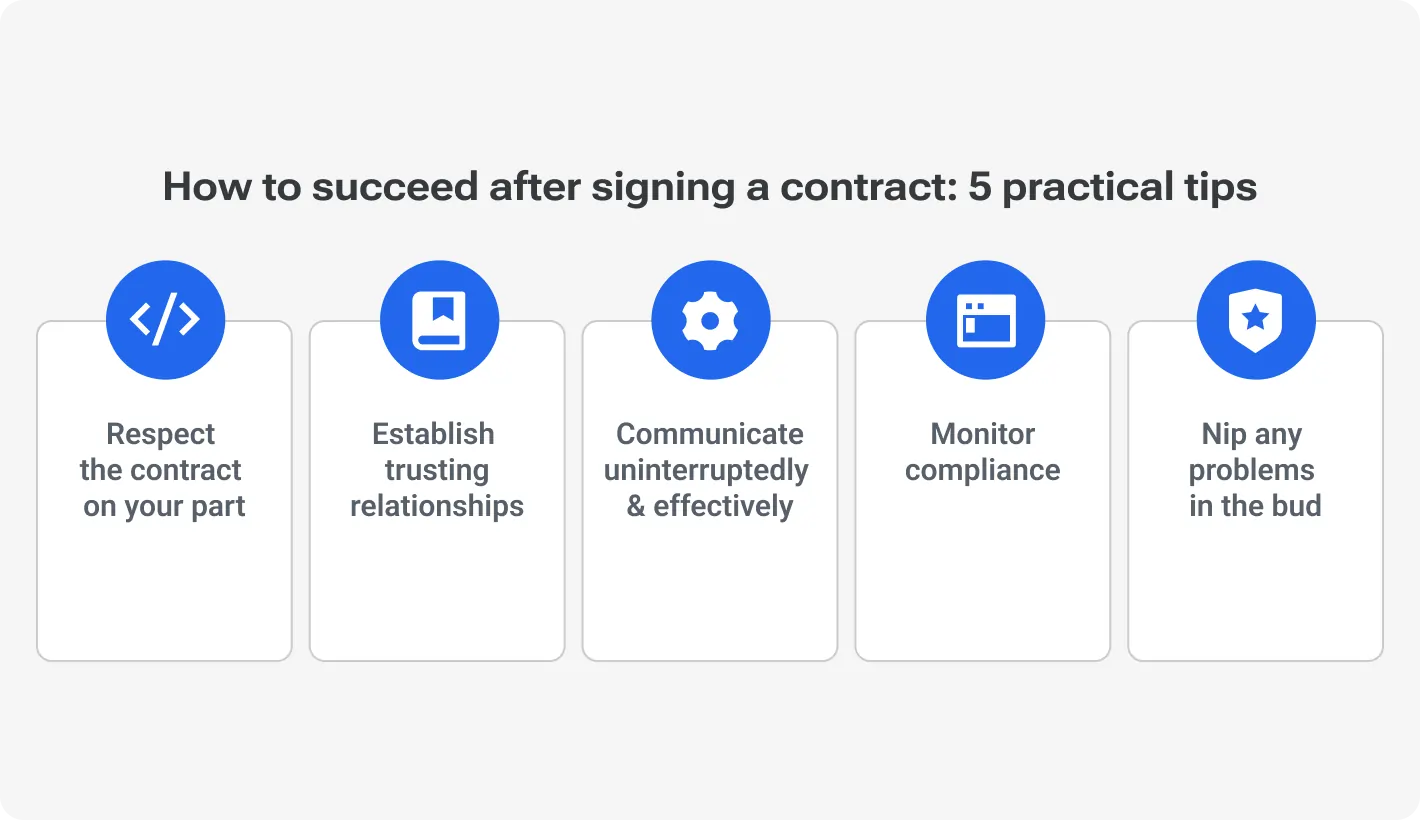 Five key factors for choosing contract management software: velocity, unit economics efficiency, customer care quality, exceeded expectations, user experience, and onboarding effort.