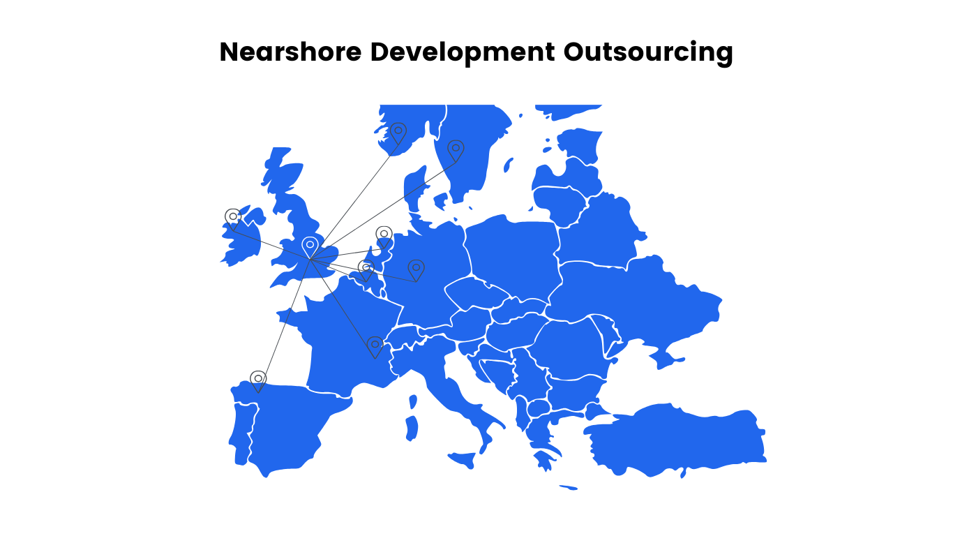 Illustation with several location pins connected by lines, with a central point. This illustrates the concept of outsourcing work to a nearby country within the same geographic region.